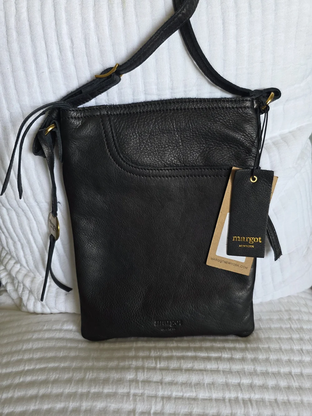 margot Black Leather Slim Messenger Crossbody Bag